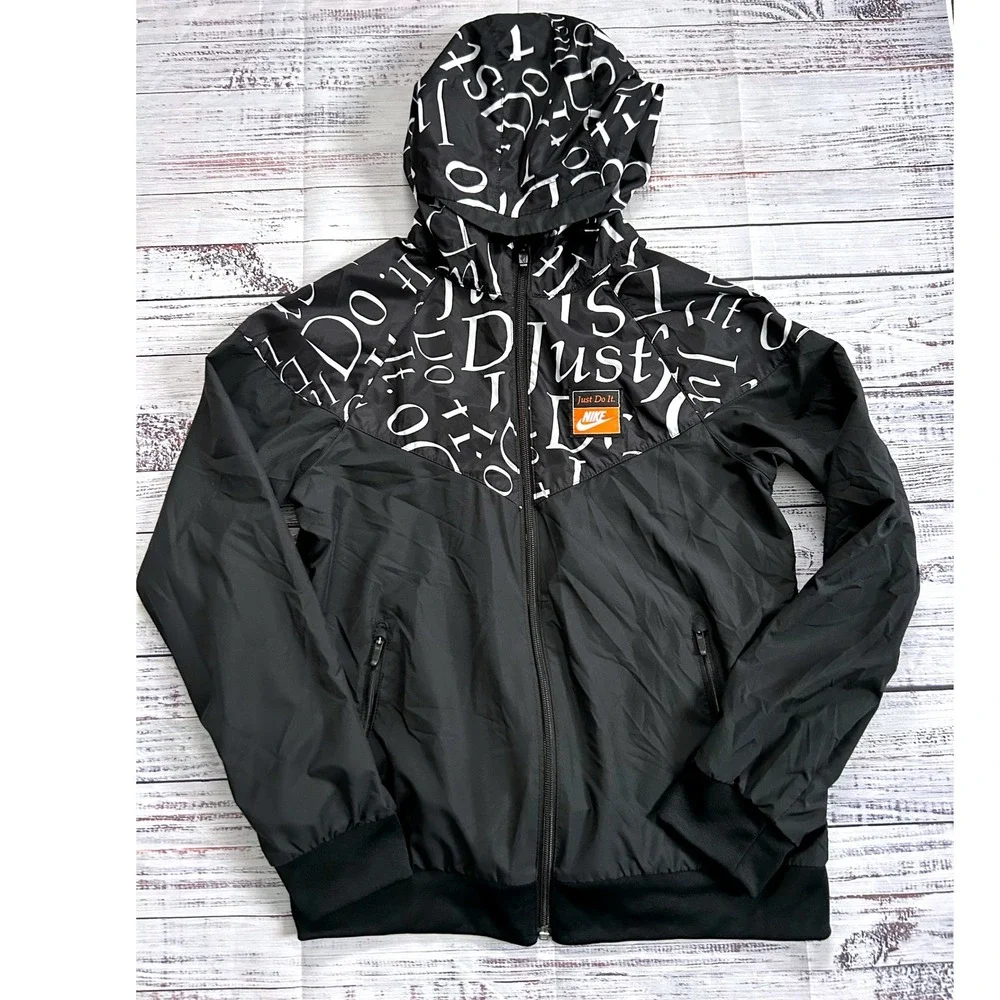 Nike Kids Just Do It All Over Print Hooded Windbreaker Jacket Black White Boys L